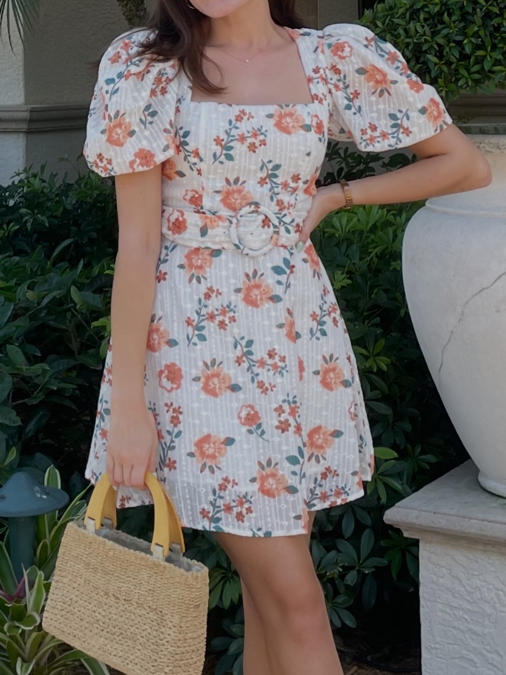 Floral Puff-Sleeve Dress with Belt